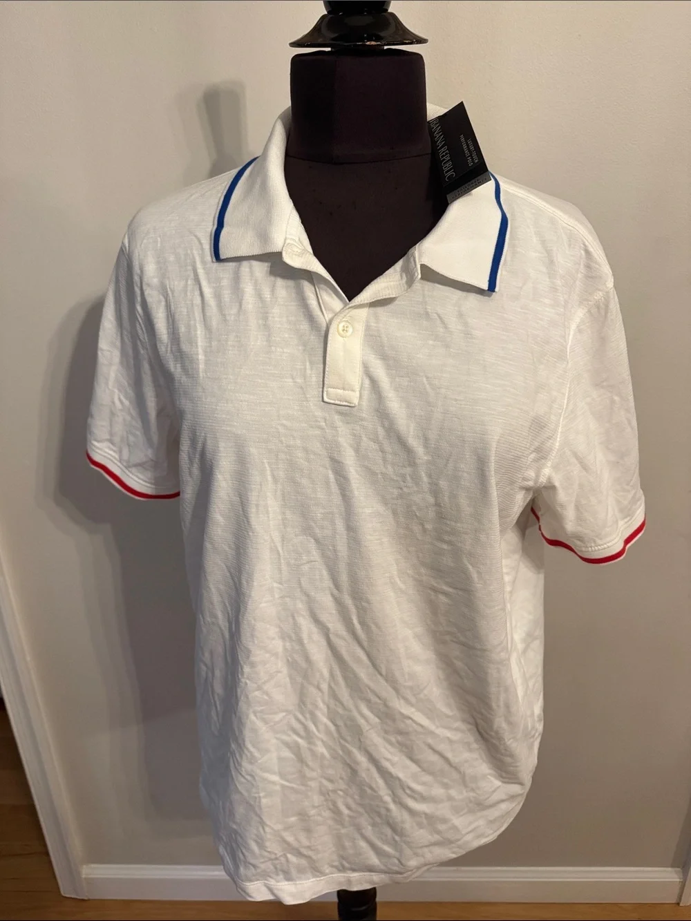 Men's White Polo Shirt with Blue Collar and Red Trim (wrinkled)